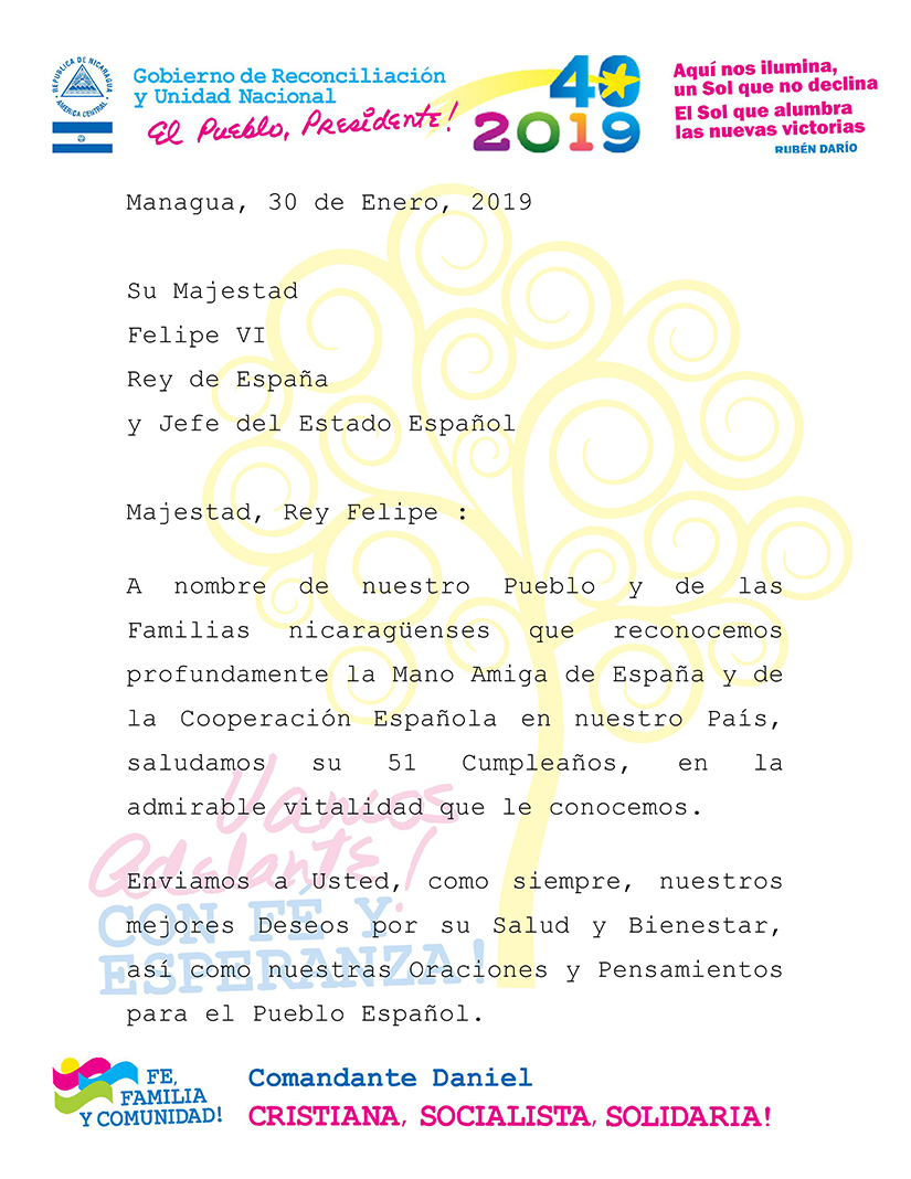 Nicaragua saluda el cumplea&ntilde;os en Espa&ntilde;a del Rey Felipe VI